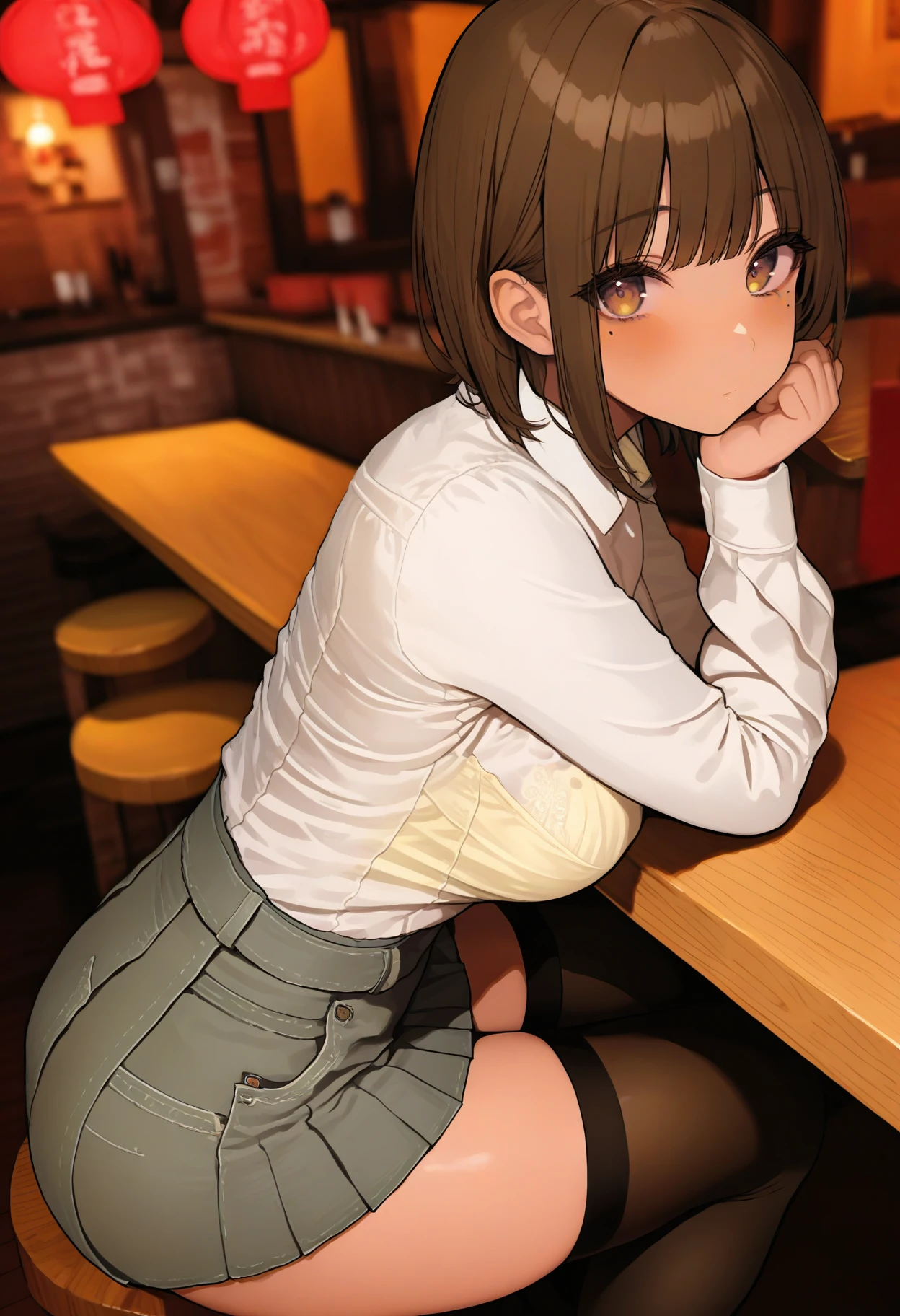 <lora:aosiai123SDXL:1>, best quality, masterpiece, aosiai123, 1girl, grey skirt, looking at viewer, brown hair, brown eyes, mole under eye, white shirt, black thighhighs, large breasts, long sleeves, blurry background, sitting, bra visible through clothes, blush, black pantyhose, thighs, restaurant, closed mouth, ass, shirt tucked in, yellow bra, denim, indoors, miniskirt, short hair, bar stool, from side, pleated skirt, head rest, clothes pull, table, counter, collared shirt, underwear, depth of field, yellow panties