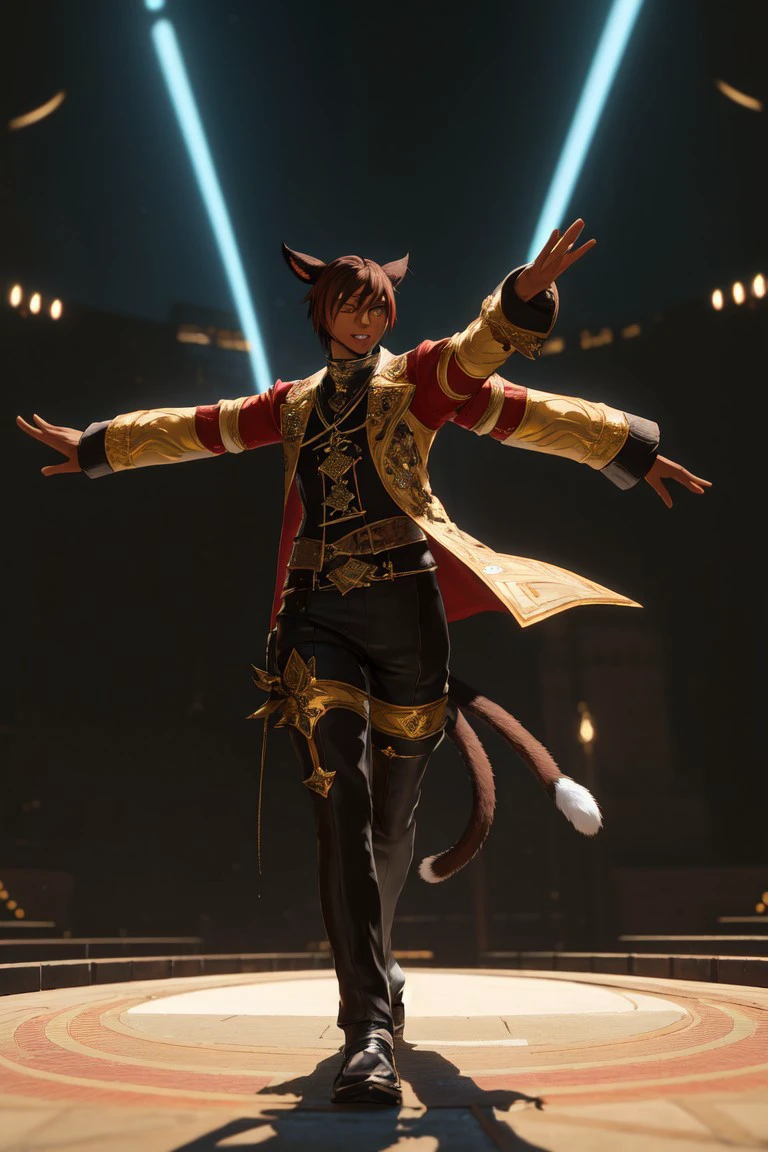 f4c32-miq0, solo, 1boy, male focus, tail, animal ears, jacket, cat ears, pants, cat tail, lying, mithra (ff11), gloves, dark skin, fingerless gloves, brown hair, outstretched arms, short hair, closed eyes, spread arms, on back, dark-skinned male, cinematic lighting, cinematic angle, best quality, masterpiece