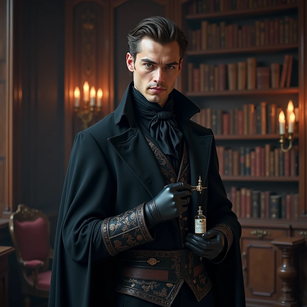 Imagine a photorealistic image of a member of the Assassin's Guild, standing in an opulent library with dark wood bookshelves and flickering candlelight. The assassin is dressed in formal, dark attire with subtle embroidered detailing and holds a small vial of poison. Their expression is one of cold calculation, suited to their professional demeanor.