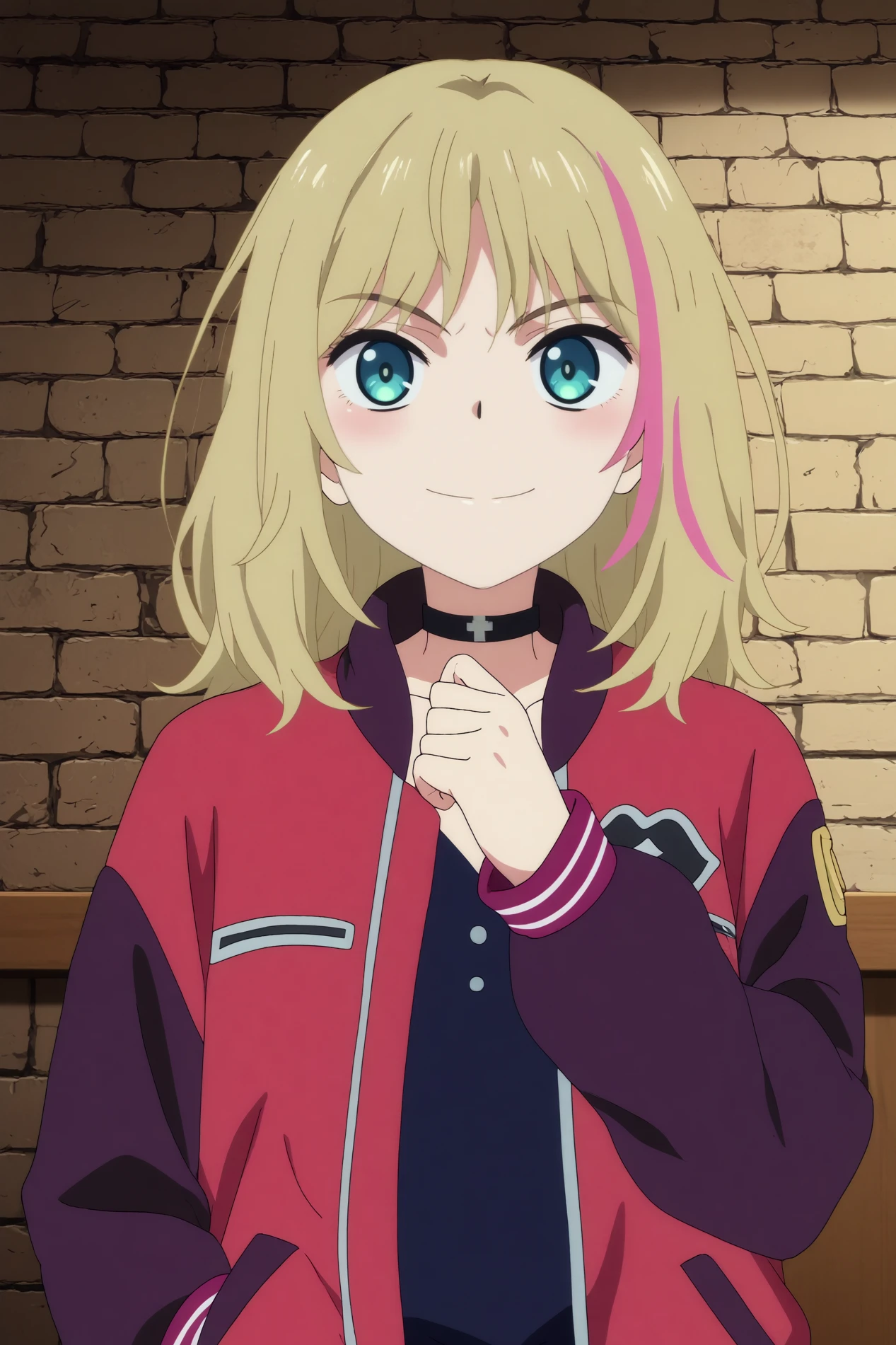  kawai rika,1girl,solo,smile,choker,blue eyes,streaked hair,jacket,multicolored_hair, pink hair,black choker,letterman jacket,long_sleeves BREAK indoors,room,bedroom,pink wall,rock poster,window,blue sky,cloud    <lora:Kawai_Rika_-_Wonder_Egg_Priority.safetensors:0.8> <lora:detailed_backgrounds_v2.safetensors:0.5>