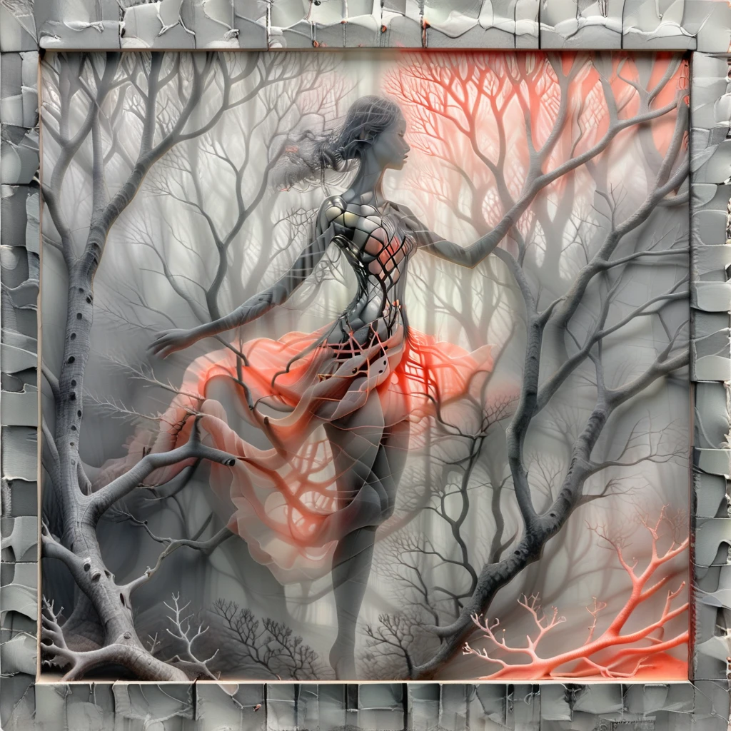 female nature print, coral forest, soft features, colored pencil, canvas, romanticism style, Layered, shades of gray, lattice pattern,  vignette effect, shadow cast accents, abstract, glossy texture, soft-touch finish