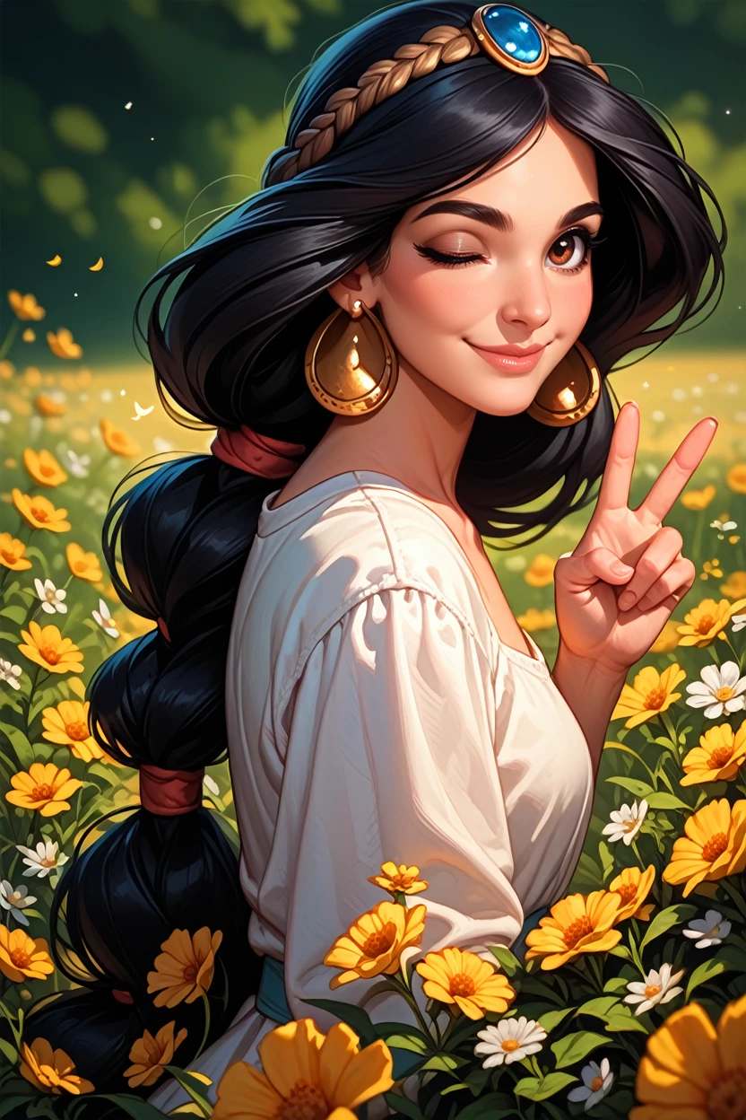 score_9, score_8_up, score_7_up, score_6_up
<lora:DisyneyJasmine:0.8>
DisyneyJasmine, 1girl, black hair, brown eyes, braid, long hair, looking at viewer, from side, wink, happy, smile, closed mouth, peace sign, flowers, meadow