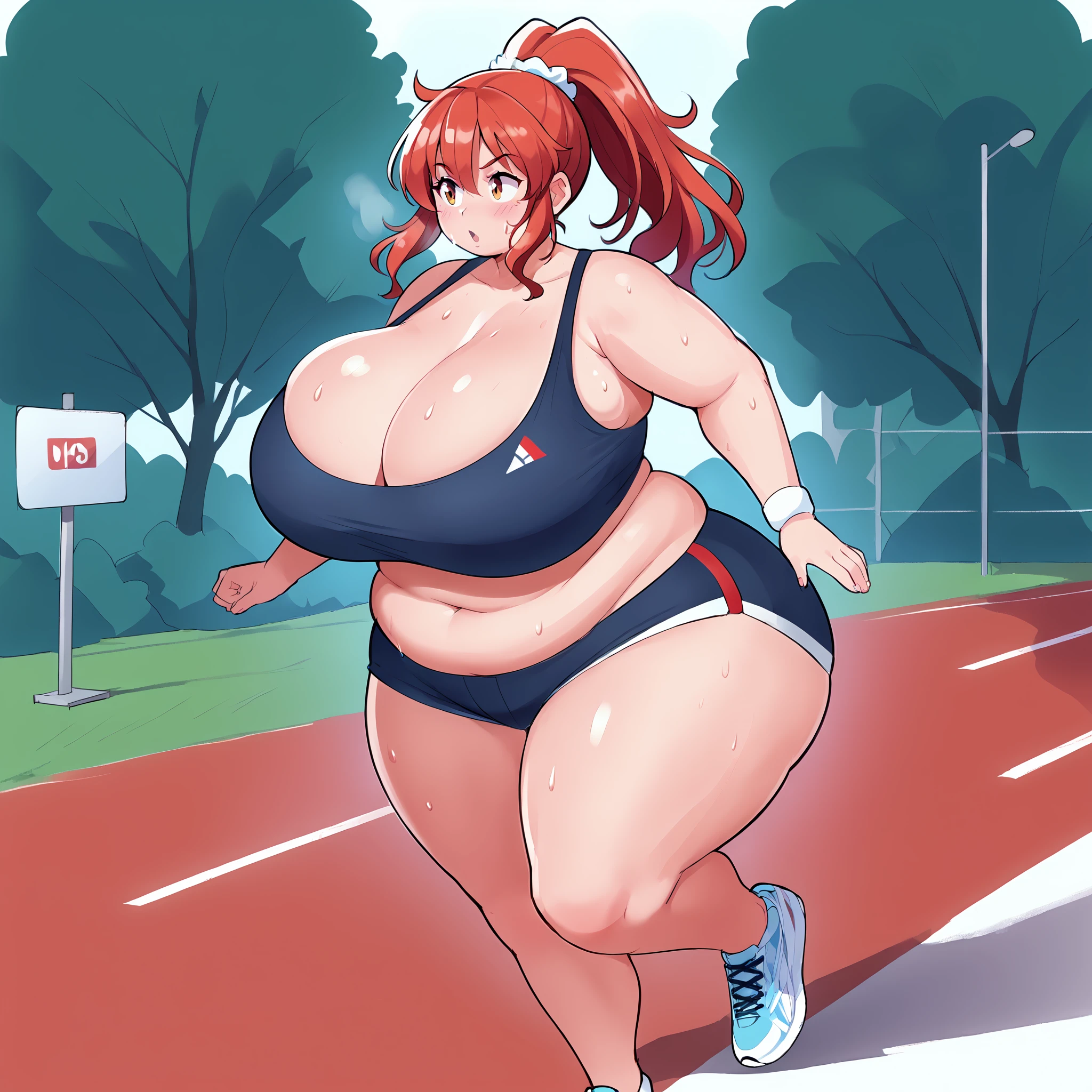 (masterpiece), best quality, (highly detailed), score_9, score_8_up, score_7_up, score_6_up, score_5_up, 1female, solo, <lora:Theycallhimcake_style:0.8>, sport shorts, sport bra, fat, headphone, sweating, huge breasts, wide hips, huge thighs, red hair, long hair, ponytail, <lora:SyMix_Pony_v05a02:1>, jogging, park, outdoor,