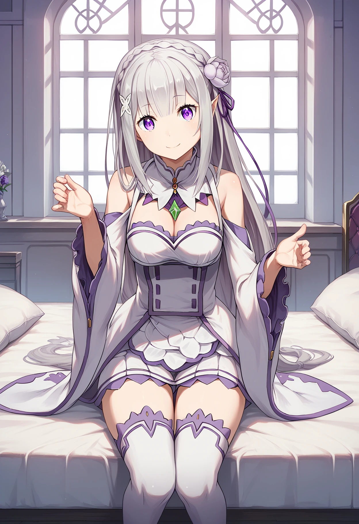 score_9, score_8_up, score_7_up, source_anime,
BREAK
<lora:nikkeBackgroundV2:1>, scenery, 
1girl, solo, 
<lora:shiEmiliaV2:1> shimilia, long hair, grey hair, purple eyes, pointy ears, crown braid, hair flower, hair ribbon, purple ribbon, x hair ornament, white dress, cleavage, bare shoulders, wide sleeves, white thighhighs, thigh boots,
indoors, bed,  
looking at viewer, happy, smile, head tilt,