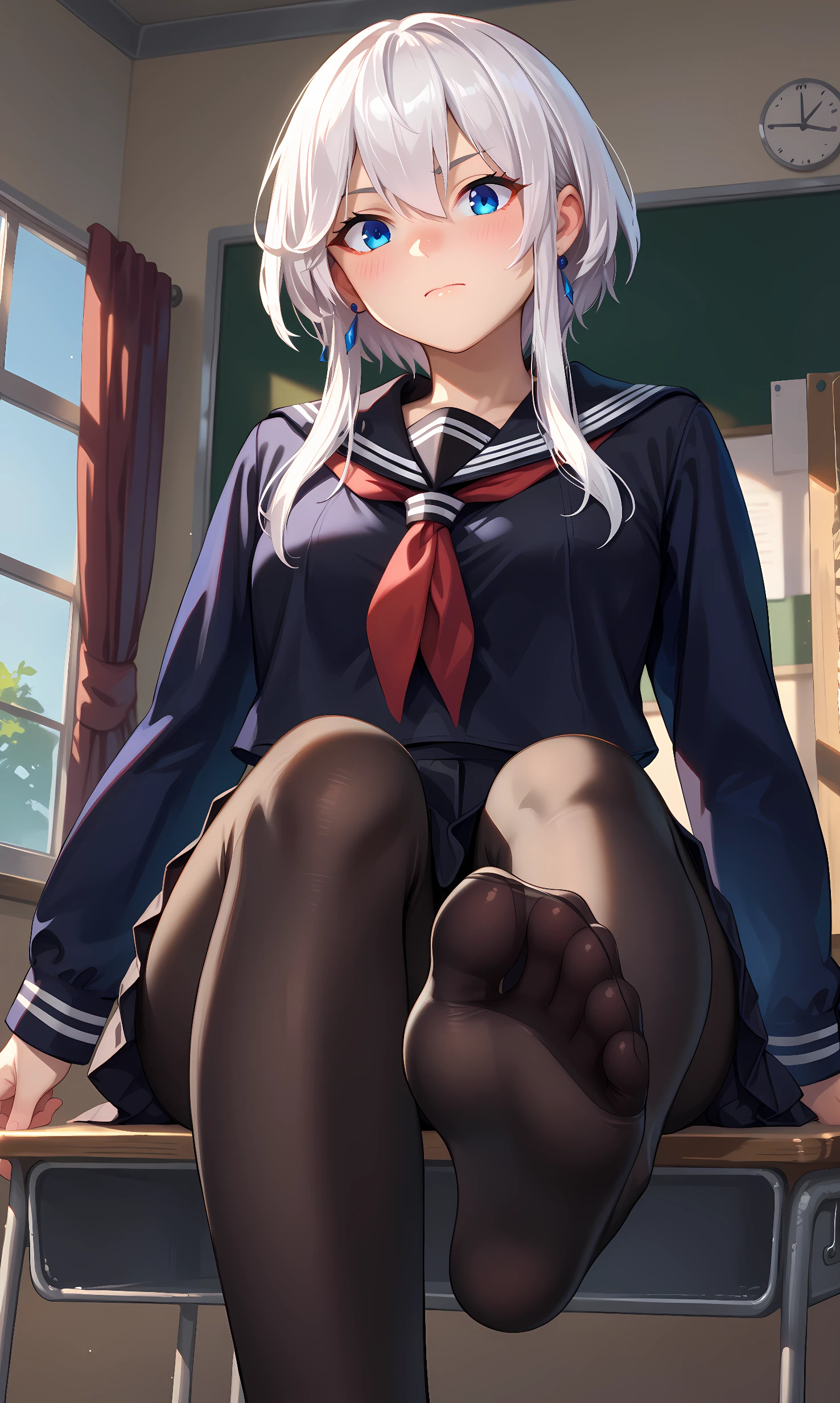 Young girl with grey hair, ((fringed and curly hair)),((curly short twintail)), curly hair ,(red eyes),, ((small bushy eyebrows)), wearing gothic lolita clothing, lolicon , walking to school, bored look, bored face,, (sitting with legs open lifting her skirt to show her vagina wet with semen),
