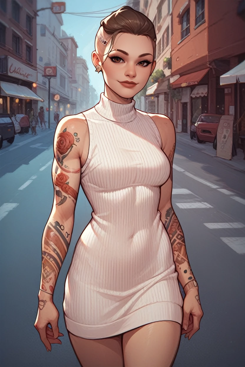 score_9, score_8_up, score_7_up, score_6_up
<lora:MEJack:0.8>
MEJack, 1girl, brown hair, brown eyes, undercut, tattoo, looking at viewer, street, standing, cowboy shot, bare arms, turtleneck, ribbed sweater, sweater dress, sleeveless, smile