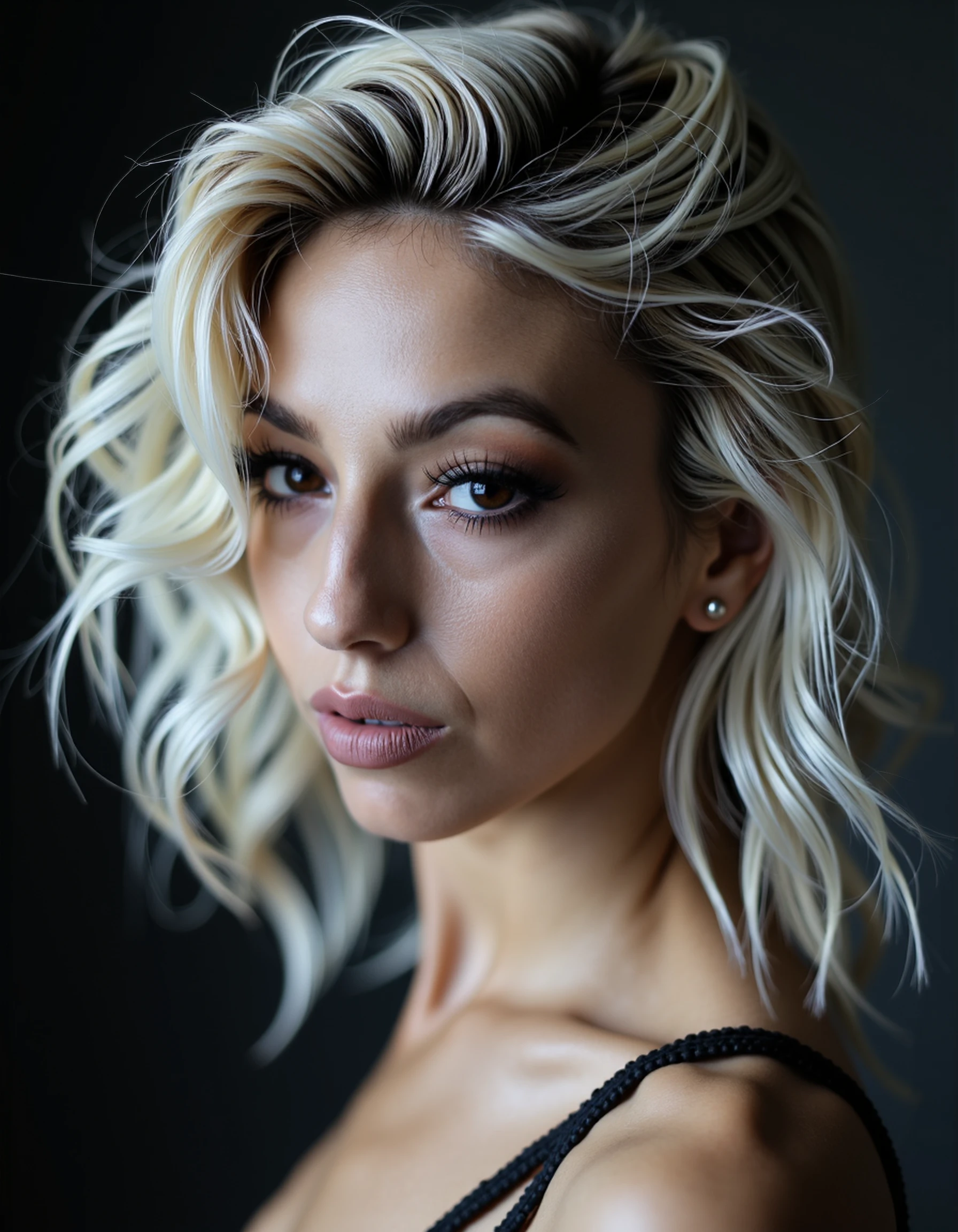 <lora:Haylee McMahen_epoch_4:1.1> ,blonde hair, with black and white makeup, trending on deviantart, gothic art, grotesque, tan skin, marbled skin, ruffled upward hair, blonde hair, small earring, photorealistic, gothic, goths, dark and mysterious, dark background, dull: 1), flowing, sharp focus, beautiful, epic composition, refined, sovereign, creative, winning, perfect, pretty, attractive, singular, romantic gothic, cinematic, complex, thought, extremely, focused, graceful, light, extremely coherent
Photorealistic, realistic, Canon 5D Mark IV 85mm f/1.8
shallow depth of field, blurry background