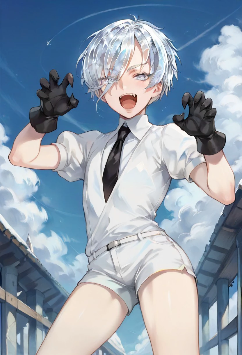 score_9, score_8_up, score_7_up, antarkxl11,androgynous, white eyes, white hair, short hair, crystal hair, hair over one eye, claw pose, fang, open mouth, black necktie, white shirt, puffy short sleeves, black gloves, white shorts, <lora:AntarkXL11:1.0>