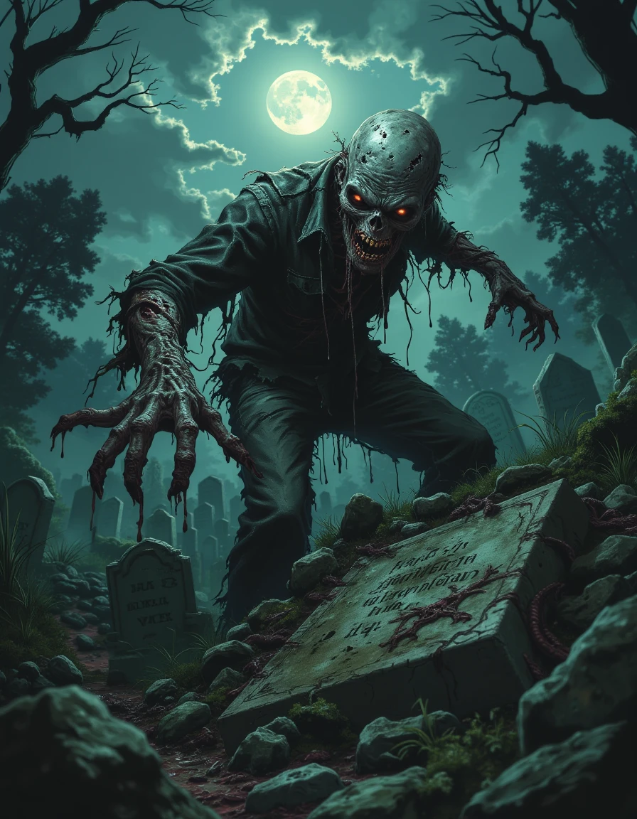 a purple and black poster with a zombie. Dark Fantasy style. 80's style