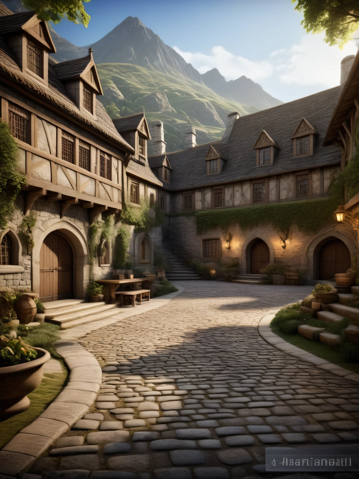 <lora:JJsMedievalTown_XL:1> ,  (medieval town), , (masterpiece) , (best quality),  ((outdoors)),  scenery, road, real world location,   enough detail, high resolution,super realistic, Photorealistic, highly detailed,  stone paving,  sky, tree, mountain,   no humans, scenery, stairs, roof,, still life photography, capturing tranquility, timeless beauty, meticulous arrangement, exquisite detail, professional lighting, expert composition, evocative mood, storytelling through objects, artistic interpretation, creative expression, showcasing textures, intricate patterns, enhancing atmosphere, conveying emotions, masterful technique, immersive experience