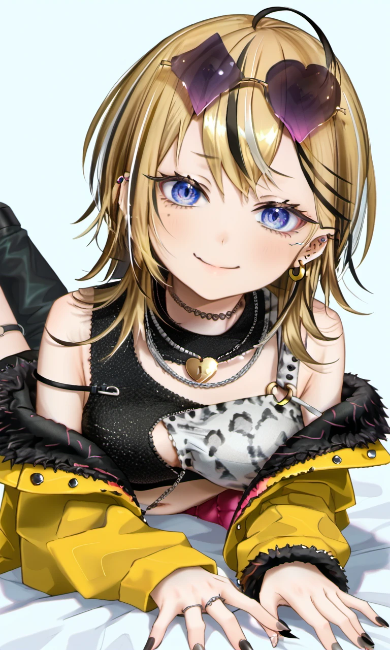 on stomach, myaonarumi, blue eyes, blonde hair, multicolored hair, hoop earrings, ear piercing, eyewear on head, sunglasses, heart lock necklace, one shoulder top, jacket, navel, leather shorts, painted nails, thigh strap, chunky sole, black footwear, 