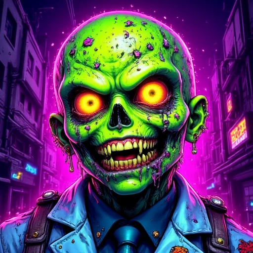 A vibrant toonpunk illustration of a zombie paramedic with neon green decayed skin, glowing eyes, and a mischievous grin filled with jagged teeth.