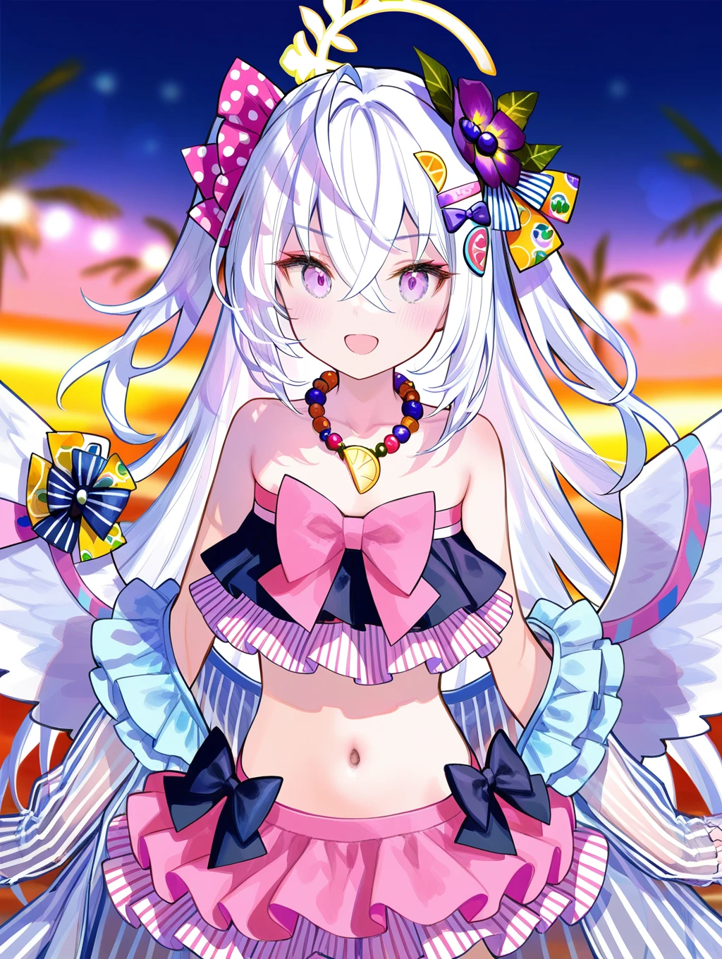 1girl, azusa \(swimsuit\) \(blue archive\), blue archive, fuzichoco, cowboy shot, solo, depth of field, portrait, jewelry, flower, frilled bikini, bikini, official alternate costume, necklace, bare shoulders, bow, smile, hair bow, purple bow, blurry, white hair, frills, looking at viewer, bikini top only, hair between eyes, hair flower, blurry background, pink bow, purple eyes, swimsuit, bead necklace, halo, long hair, beads, blush, pink bikini, :d, collarbone, amazing qualityfoam \(arknights\), hair ornament, she is wearing a pink dress with ruffles on the shoulders and a large bow on her head. the dress has a starfish design on it and she is holding a pair of scissors in her right hand. the background is blurred, but it appears to be an outdoor setting with trees and greenery. the girl has a surprised expression on her face and is looking off to the side. 
,masterpiece, best quality, amazing quality, very aesthetic, absurdres,newest,