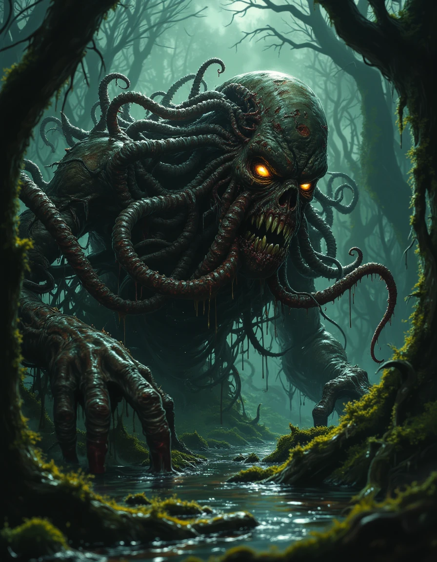 sp00k1h0rr0r A monstrous creature with numerous tentacles emerging from a dark swamp, covered in moss and filth. Its eyes glow eerily, and slime drips from its grotesque limbs. Dark and chilling, horror, detailed textures, 4K.
<lora:Spooky_Horror:0.8>