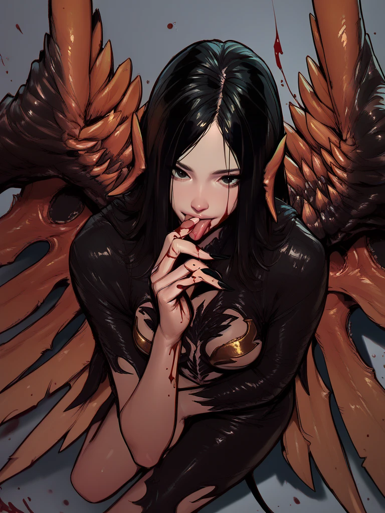 monster girl, solo, devilsoyun, black hair, black eyes, extra wings, blood, licking  own fingers, tongue out, high angle  <lora:BnS_Jinsoyun-PONY:0.8>, score_8_up, score_7_up, score_6_up, score_5_up