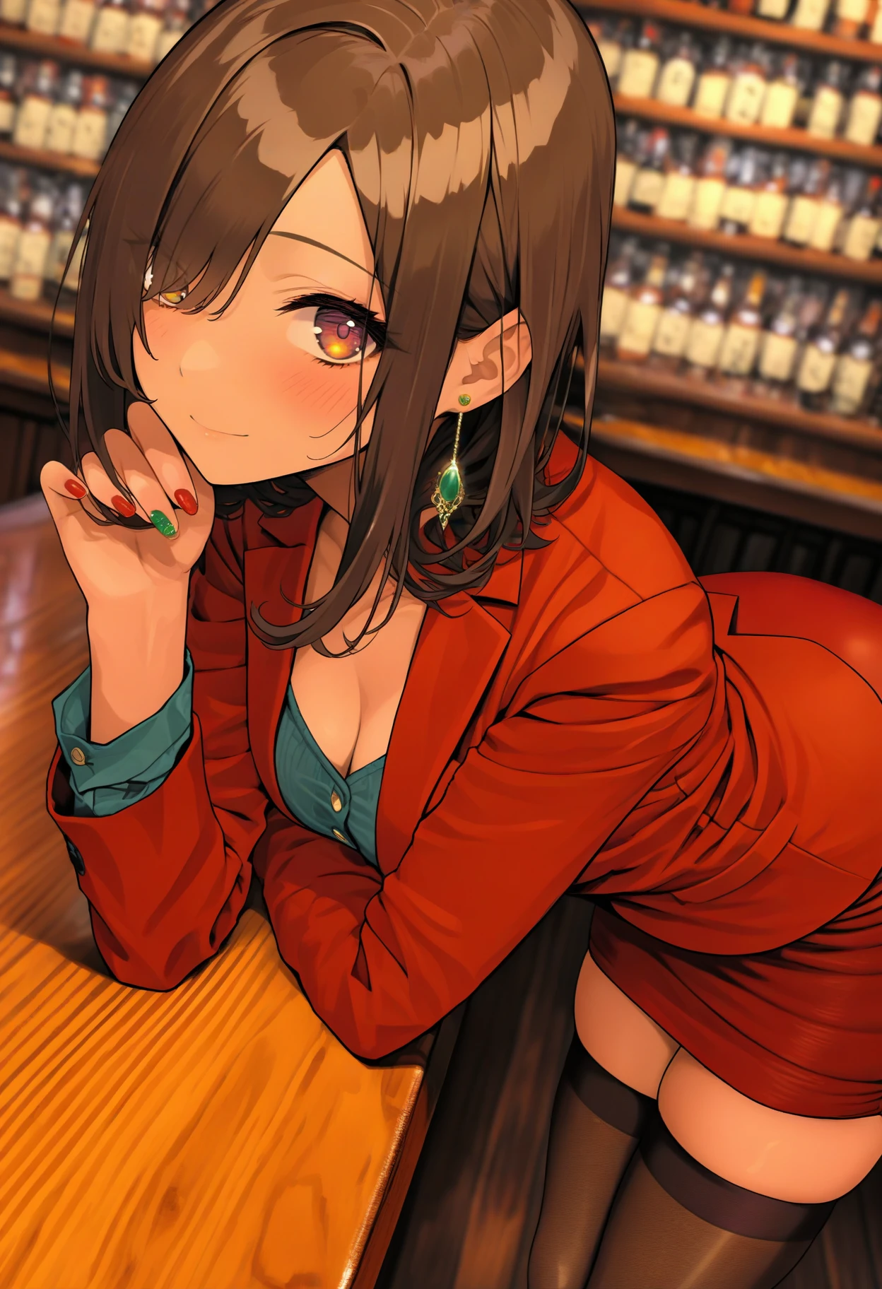 <lora:aosiai123SDXL:1>, best quality, masterpiece, aosiai123, 1girl, medium breasts, cleavage, black thighhighs, jewelry, brown hair, red skirt, brown eyes, looking at viewer, bar (place), nail polish, earrings, red jacket, red nails, indoors, smile, pencil skirt, blush, closed mouth, aqua shirt, blurry background, long sleeves, leaning forward, skindentation, green nails, hair over one eye, bottle, thighs, blue shirt, medium hair, office lady, bent over, red suit, green shirt, wooden floor, sidelocks, dutch angle, zettai ryouiki, blazer, fingernails, formal, counter, brown thighhighs, depth of field, hand up, alcohol, collarbone