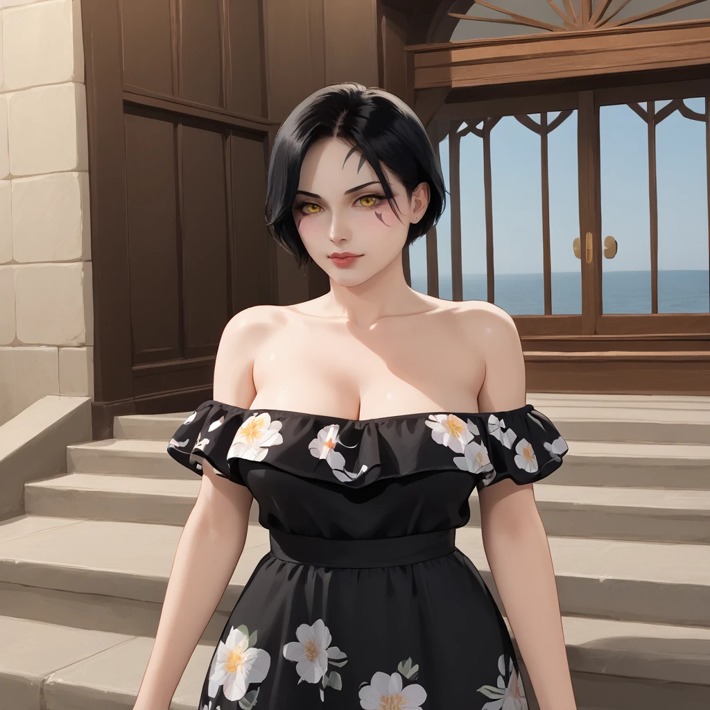 <lora:shahdee_pony_v1:1> Shahdee, 1girl, large breasts, black hair, yellow eyes, short hair, facial mark,tattoo,  cowboy shot,  <lora:floral_offshoulder_dress_v1.1-pony:1> off shoulder dress, floral print