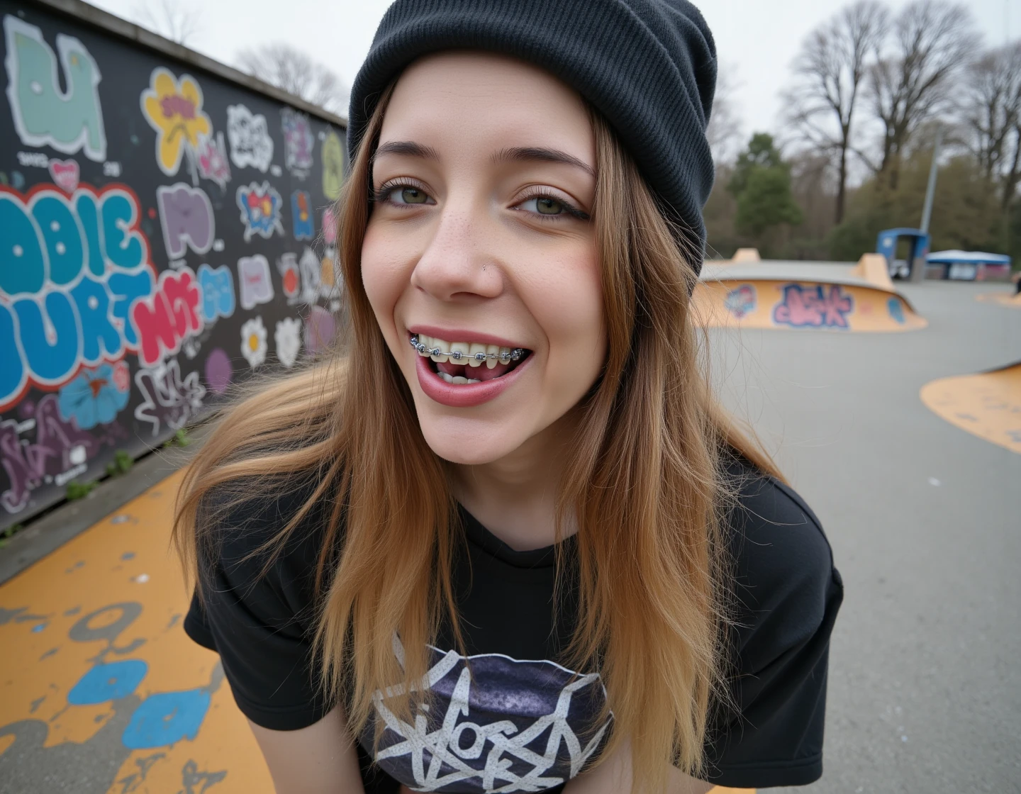 A vibrant eighteen-year-old woman in a skate park covered in graffiti and filth enveloped in a cold prickle. Dressed in a loose-fitting clothing, a graphic tee and a beanie, she highlights her striking features. The setting radiates youthful energy, with subtle hints of perspiration glistening on her skin. She smile mouth open exposing her brace on her tooth