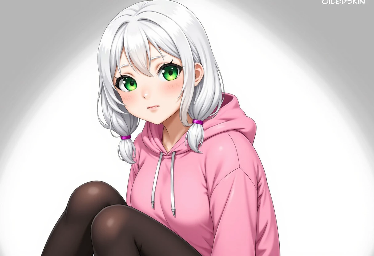 1girl, white hair, low twintails, green eyes, pink hoodie, black pantyhose,OiledSkin,