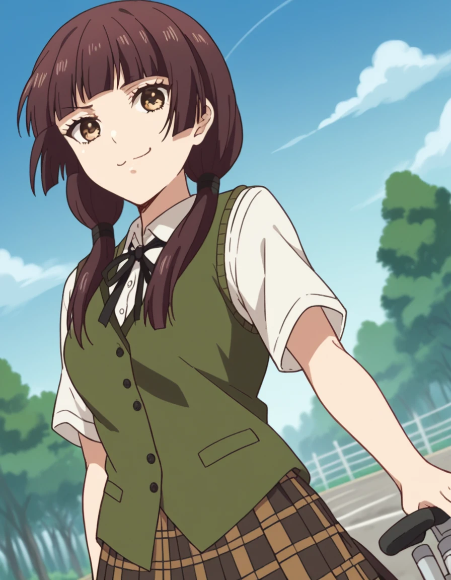 score_9, score_8_up, score_7_up, source_anime, <lora:harumi-taniguchi-s1-ponyxl-lora-nochekaiser:1>, harumi taniguchi, long hair, bangs, brown hair, twintails, brown eyes, blunt bangs, low twintails, medium breasts,, skirt, shirt, school uniform, white shirt, short sleeves, pleated skirt, vest, plaid, plaid skirt, brown skirt, bike ride, countryside, dirt road, trees, afternoon sun, peaceful, alone, , smug, looking at viewer, solo,, dutch angle, cowboy shot