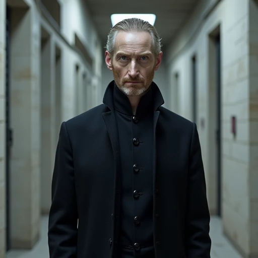 an image of lord vetinari standing in a whitewashed jail cell with a neutral expression