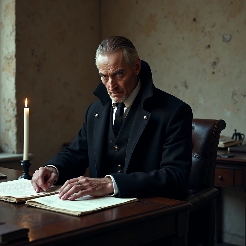 Imagine a photorealistic image of lord vetinari seated at his bare, unpolished desk in a dimly lit, sparsely furnished office. Dressed in an austere black coat with a crisp white collar, he exudes an air of quiet menace. His sharp, hawkish features are partially shadowed as he glances down at a neatly stacked pile of documents. The walls are plain, with marks of age and use, and only a single candle casts a flickering light, emphasizing the simplicity and discipline of his surroundings.