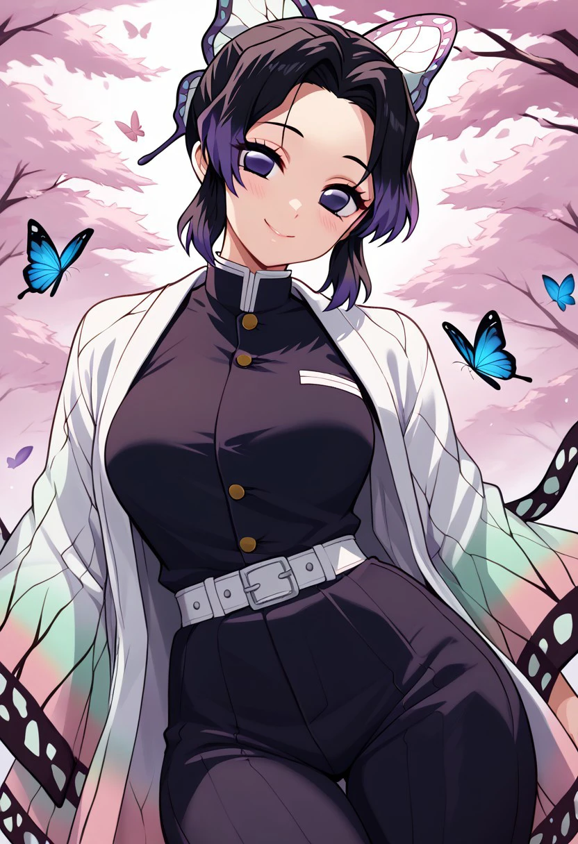 score_9, score_8_up, score_8, big breasts, (curvy), cute, eyelashes,     
patShinobu, shinobu kochou, animal print, black hair, butterfly, butterfly hair ornament, butterfly print, forehead, gradient hair, hair ornament, haori, multicolored hair, parted bangs, purple hair, short hair, two-tone hair, belt, black pants, butterfly print, coat, demon slayer uniform, haori, japanese clothes,
zPDXL,
smile, looking at viewer, head tilt, blush, ,