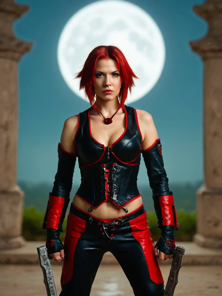 realistic,ultra realism,raw photo,woman, bloodrayne,standing in a tomb,squad on top,theres a full moon, firebond<lora:Vampirella_PDXL-GMR:1>