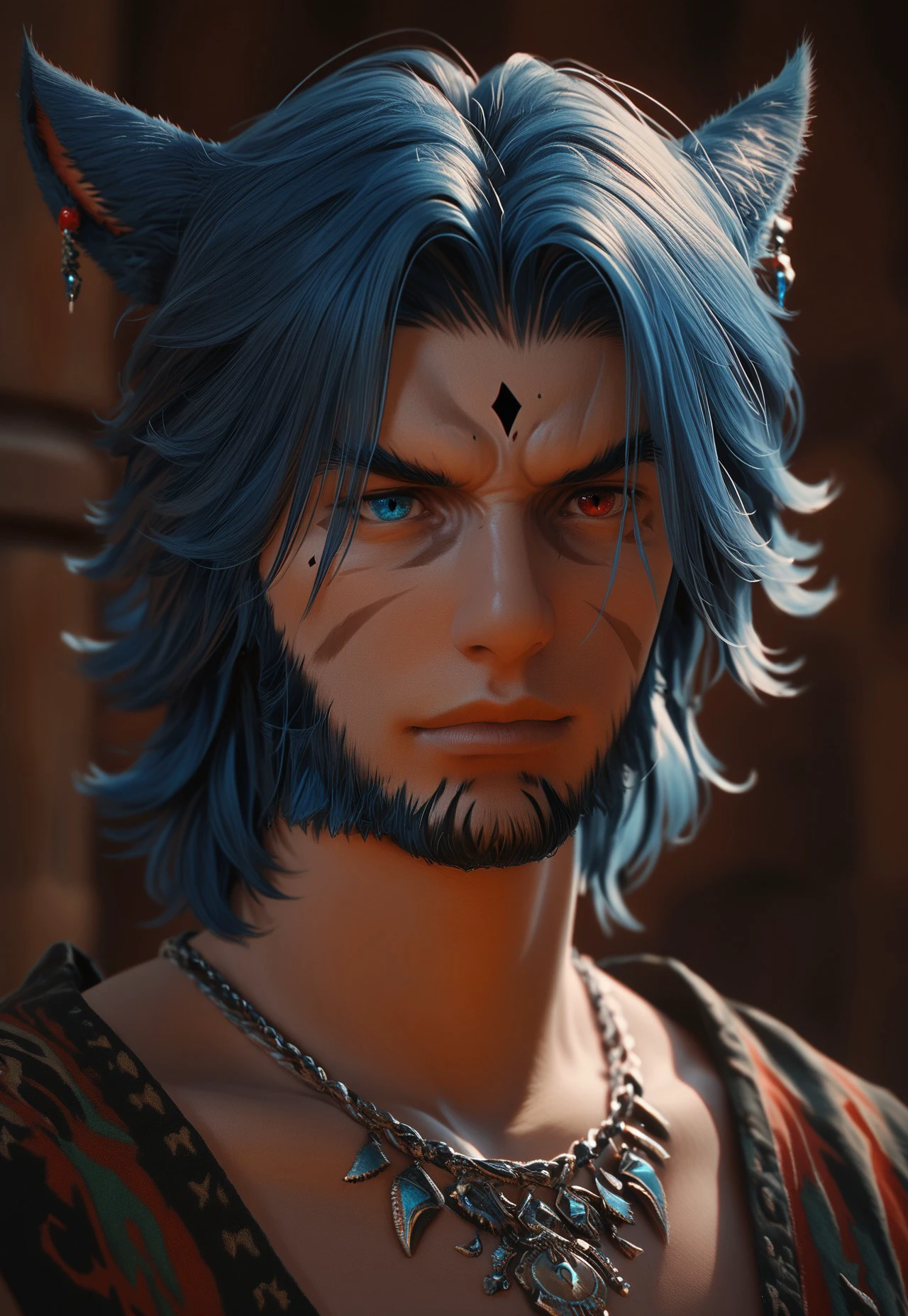 f4c32-miq0, miqo'te, 1boy, animal ears, male focus, solo, blue hair, heterochromia, jewelry, red eyes, facial mark, facial hair, cat ears, earrings, blue eyes, necklace, beard, portrait, cinematic lighting, cinematic angle,,score_9, score_8_up, score_7_up, score_6_up, score_5_up, score_5_up, score_4_up