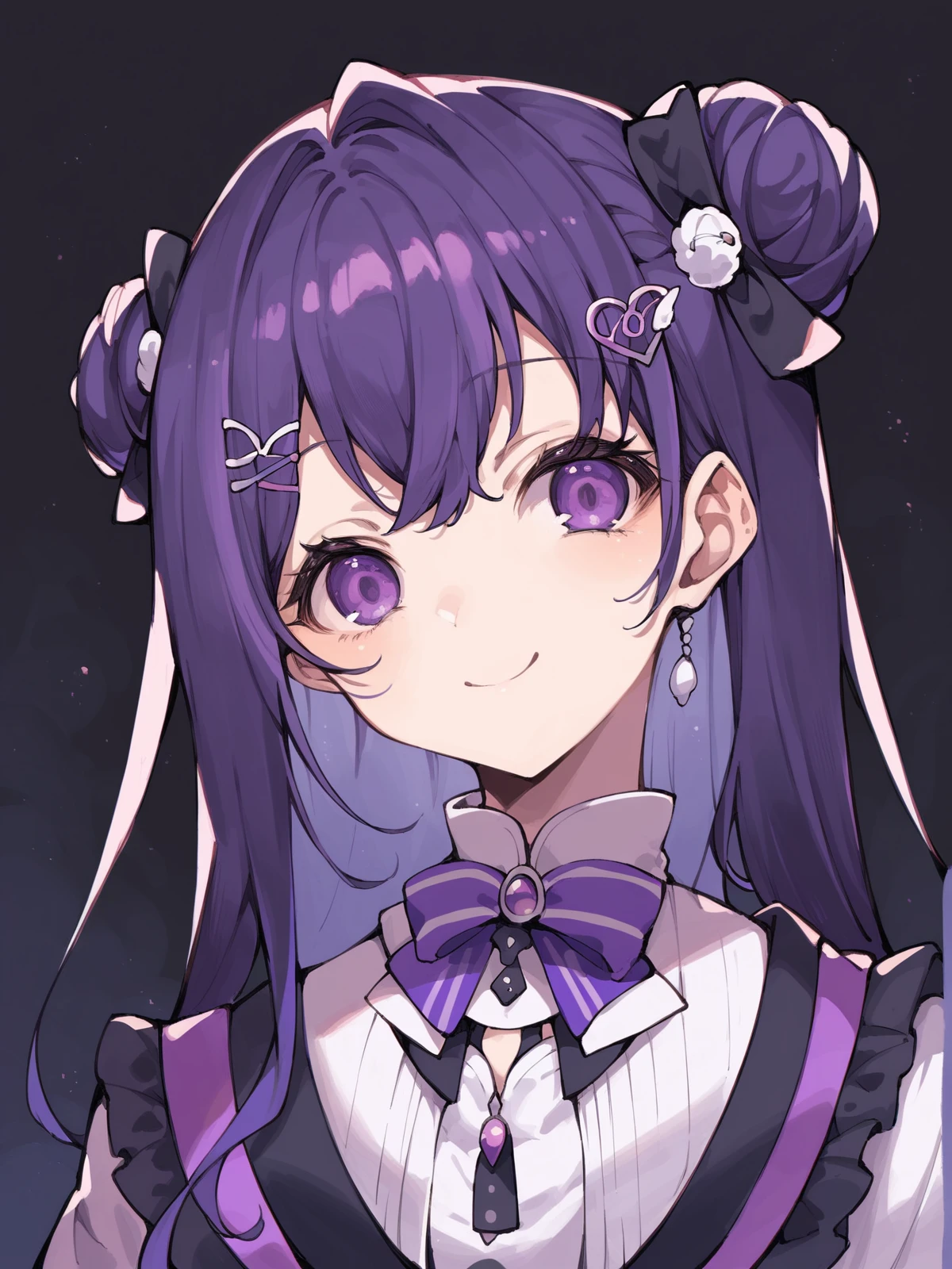 score_9_up, score_8_up, score_7_up, dark background, narin_mikure, cute, face focus, slight smile, facing viewer, standing, 1girl, solo, long hair, hair ornament, dark purple hair, purple eyes, double bun, white shirt, looking at viewer,  <lora:narin_mikure:0.7>