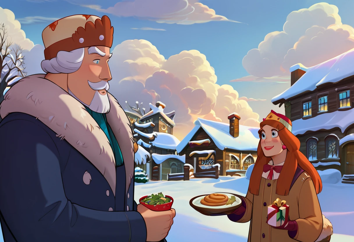 score_9, score_8_up, score_8, hi-res, in village,  high quality, best detailed, 1boy, 1girl, cloud, crown, facial hair, food, gift, hat, long hair, male focus, mustache, parody, winter, sky, smile, snow,
<lora:melnitsa_style:0.8> <lora:incase-ilff-v3-4:0.8>