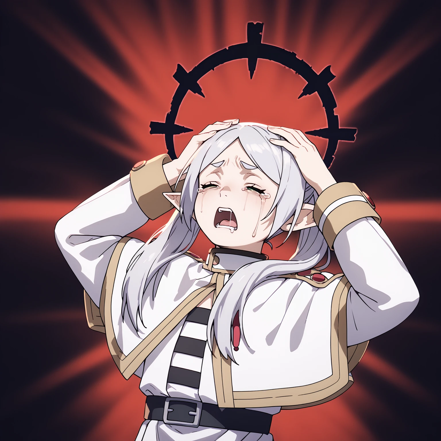 score_9, score_8_up, score_7_up, BREAK
1girl, frieren, green eyes, grey hair, twintails, pointy ears, eyebrows, white capelet,
affliction, black halo, hands on own head, closed eyes, pain, open mouth, cry, tears,
upper body, solo, red background, black background    <lora:AfflictionPDXL_byKonan:1>  <lora:FrierenXLv2:0.9>