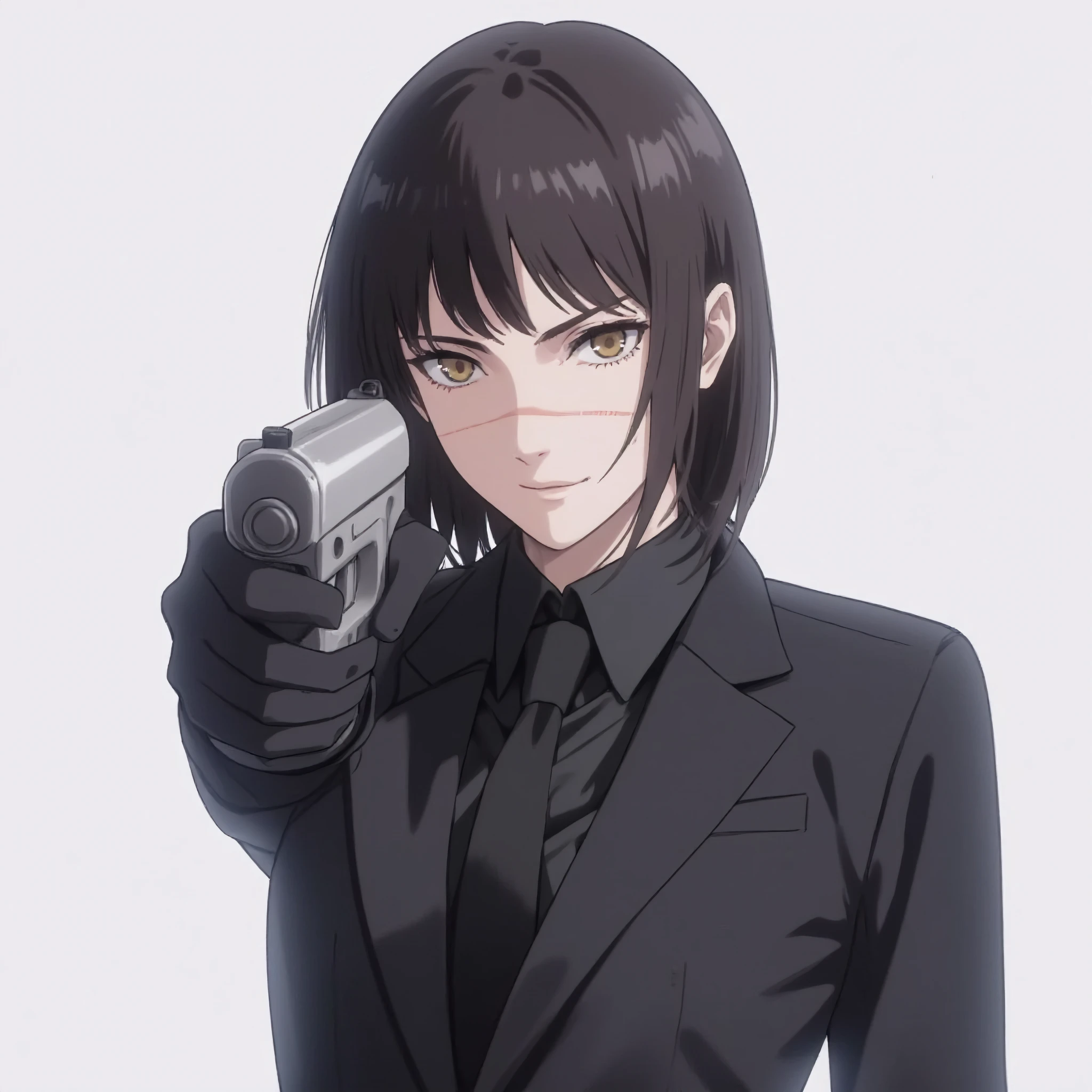 An anime-style girl in a sleek black suit, confidently pointing a handgun directly at the viewer. Her eyes are intense and focused, and a faint scar marks her cheek, hinting at a history of close encounters. The backdrop is minimal to emphasize her stance, creating a powerful, suspenseful atmosphere as she stands ready with a calm, unwavering expression.