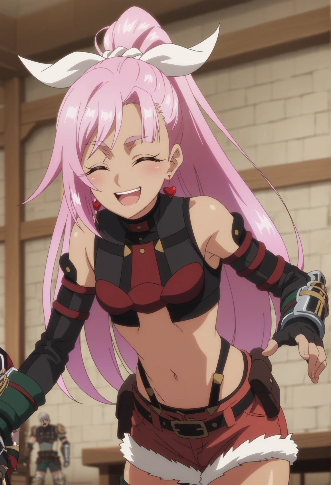 (reaching towards viewer), outstretched arms, detailed hands, incoming hug, amime screencap, solo, 1girl, dark skin, pink hair, long hair, red eyes, single sidelock, earrings, ponytail, ribbon, tube top, bare shoulders, detached sleeves, fingerless gloves, single gauntlet, denim shorts, fur trim, belt, strap, pouch, thigh holster, greaves, indoors, tavern, smile, open mouth, closed eyes, close-up <lora:Liz_Nageki_Pony:1>, score_9, score_8_up, score_7_up, score_6_up, score_5_up, score_4_up, BREAK source_anime, masterpiece