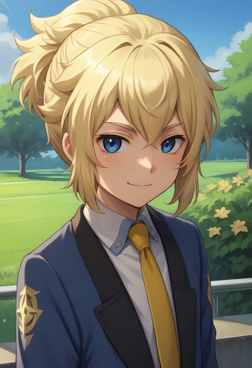 score_9, score_8_up, score_7_up, source_anime, highly detailed, 
hikaru, 1boy, male focus, solo, blonde hair, ponytail, blue eyes, school uniform, jacket, blue jacket, long sleeves, shirt, white shirt, collared shirt, necktie, yellow necktie, upper body, smile, closed mouth,
outdoor, sky, tree