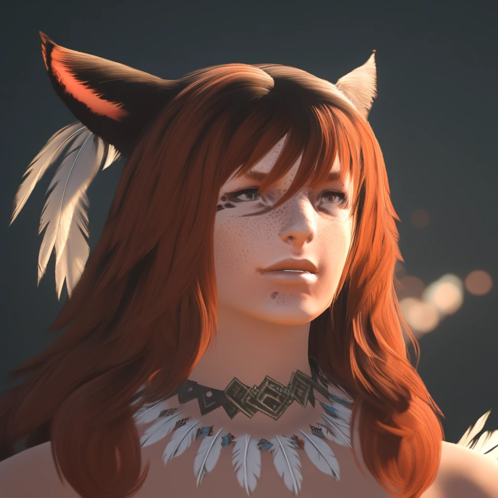 f4c32-miq0, solo, 1girl, animal ears, miqo'te, freckles, cat ears, portrait, choker, hair ornament, lips, long hair, bangs, feathers, cinematic lighting, cinematic angle, best quality, masterpiece