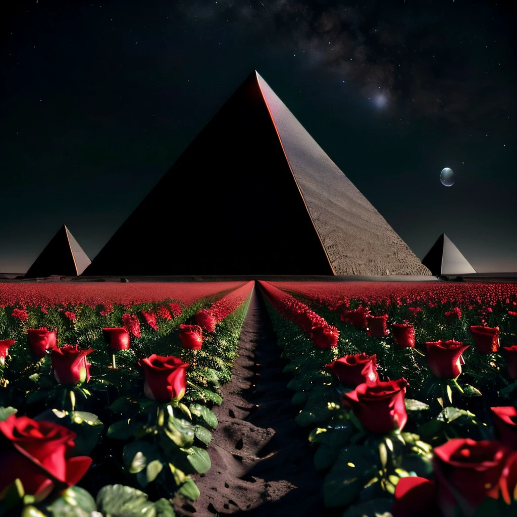 masterpiece, intricate photo, field of roses, black pyramid with shiny sleek sides on the moon surface, background earth, fantasy, sci-fi, hyper realistic, highly detailed, sharp focus, high resolution, best quality, colorful, cozy outdoor lighting, 8K <lora:BlackPyramid:1>