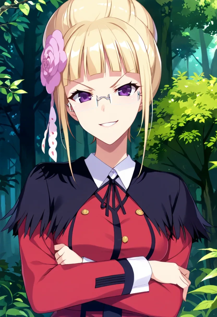 score_9, score_8_up, score_7_up, score_6_up,
masterpiece,

1girl, solo,

Mashiro, blonde hair, hair ornament, glasses, purple eyes, hair flower, bangs, blunt bangs, single hair bun, semi-rimless eyewear,

front view, facing front, crossed arms, smirk, looking at viewer,

forest,
upper body,
uniform,