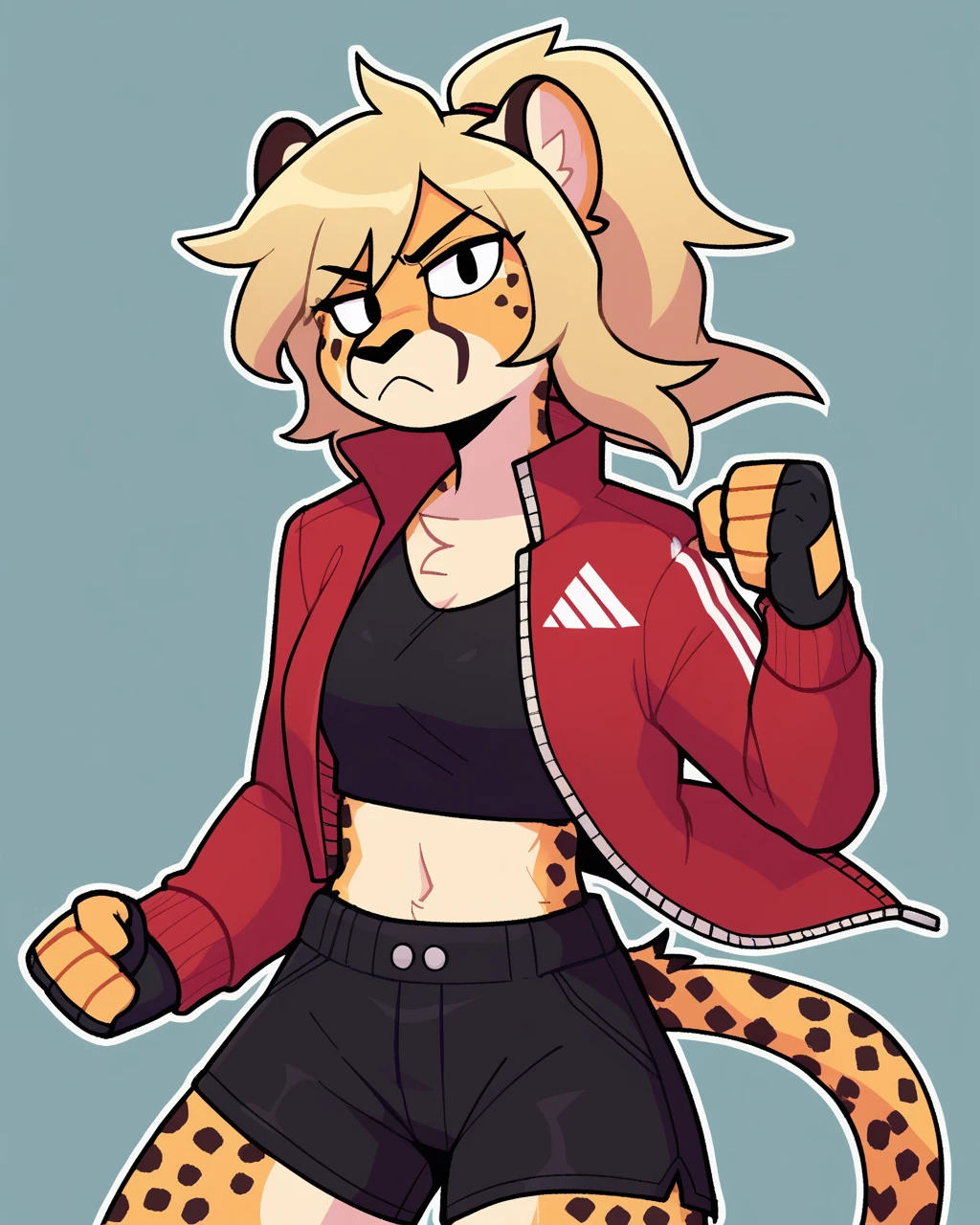 score_9_up, score_8_up, score_7_up, score_6_up, by remanedur, half-length portrait, cheetah, blonde hair, furry female, female, furry, looking at viewer, solo, fighting pose, three-quarter view, head tilt, tail, red jacket, black shorts, crop top, long hair, ponytail, fingerless gloves, open jacket, fist, simple background, white outline,<lora:Leah_Pines(AIM)_XL_v1:0.25> <lora:PDXL_artist_tags_v2_big:0.5> <lora:The-Minuscule-Task_PDXL_v1.0:0.6> <lora:Reina_LiterallyTheFox:0.5>