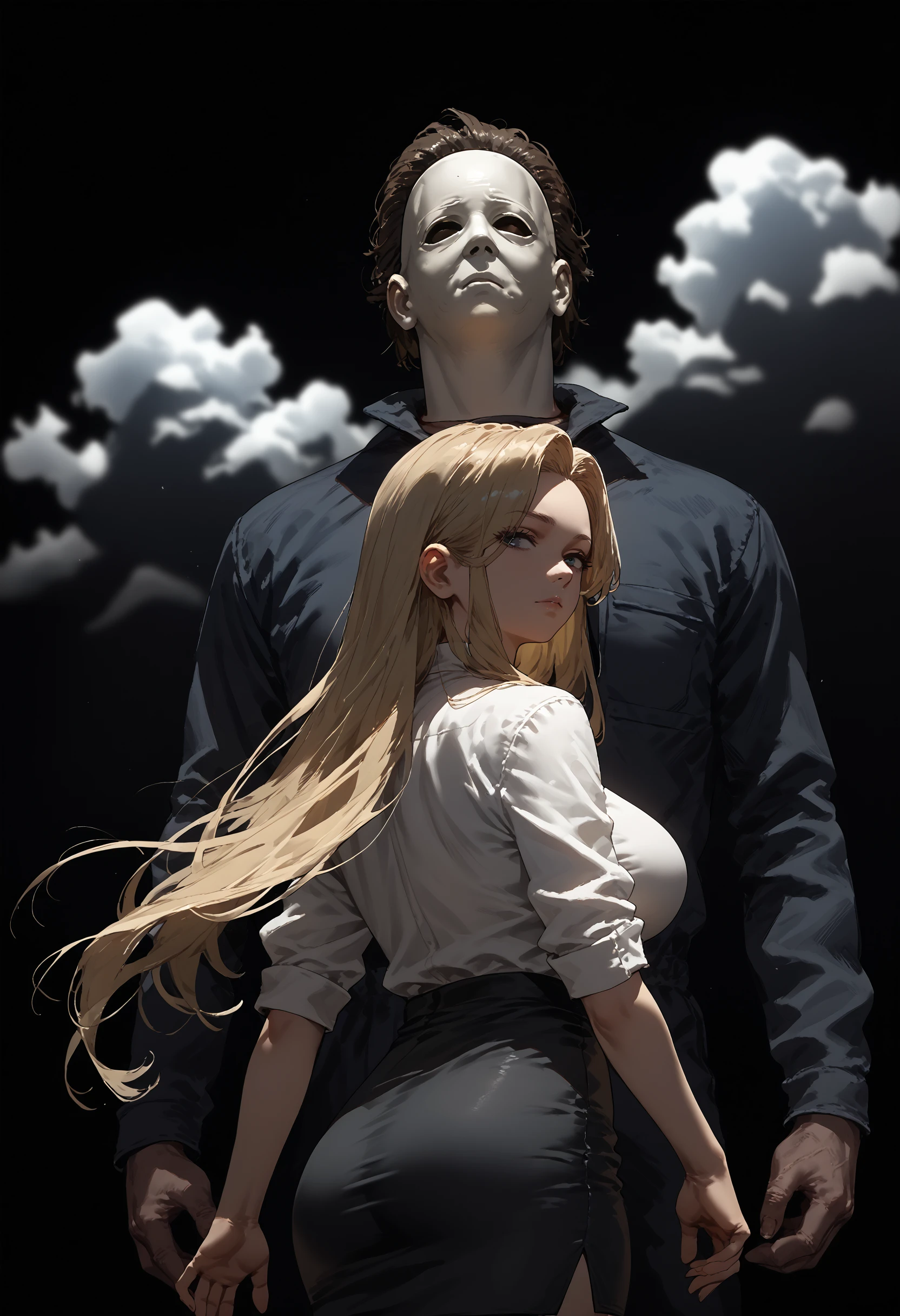 score_9, score_8_up, score_7_up, score_6_up, 1girl, long hair, blonde hair, white shirt, pencil skirt, large breasts,, 
1boy, monster, jumpsuit, dark background, shadow, cloudy sky, looking back, looking at viewer, 
blurry foreground, mask,
<lora:michael_myers_v0.2-pony:1>
<lora:dark_v1.9-pony:1>