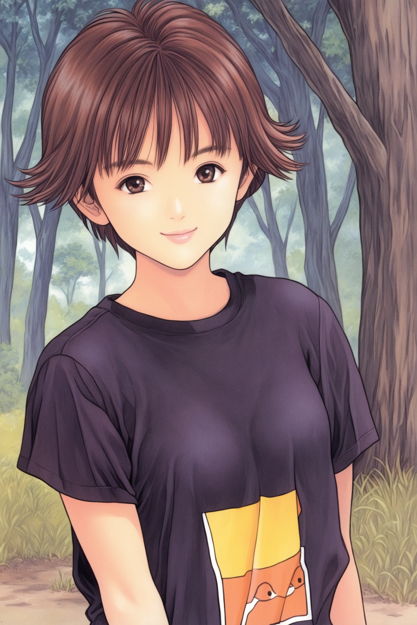 Itsuki Akiba,1girl,solo,short hair,tree,shirt,looking at viewer,brown hair,brown eyes,short sleeves,black shirt,t-shirt,upper body,outdoors,lips,smile,nature,retro artstyle,
<lora:Katsura Masakazu_illustriousXL:0.8>,