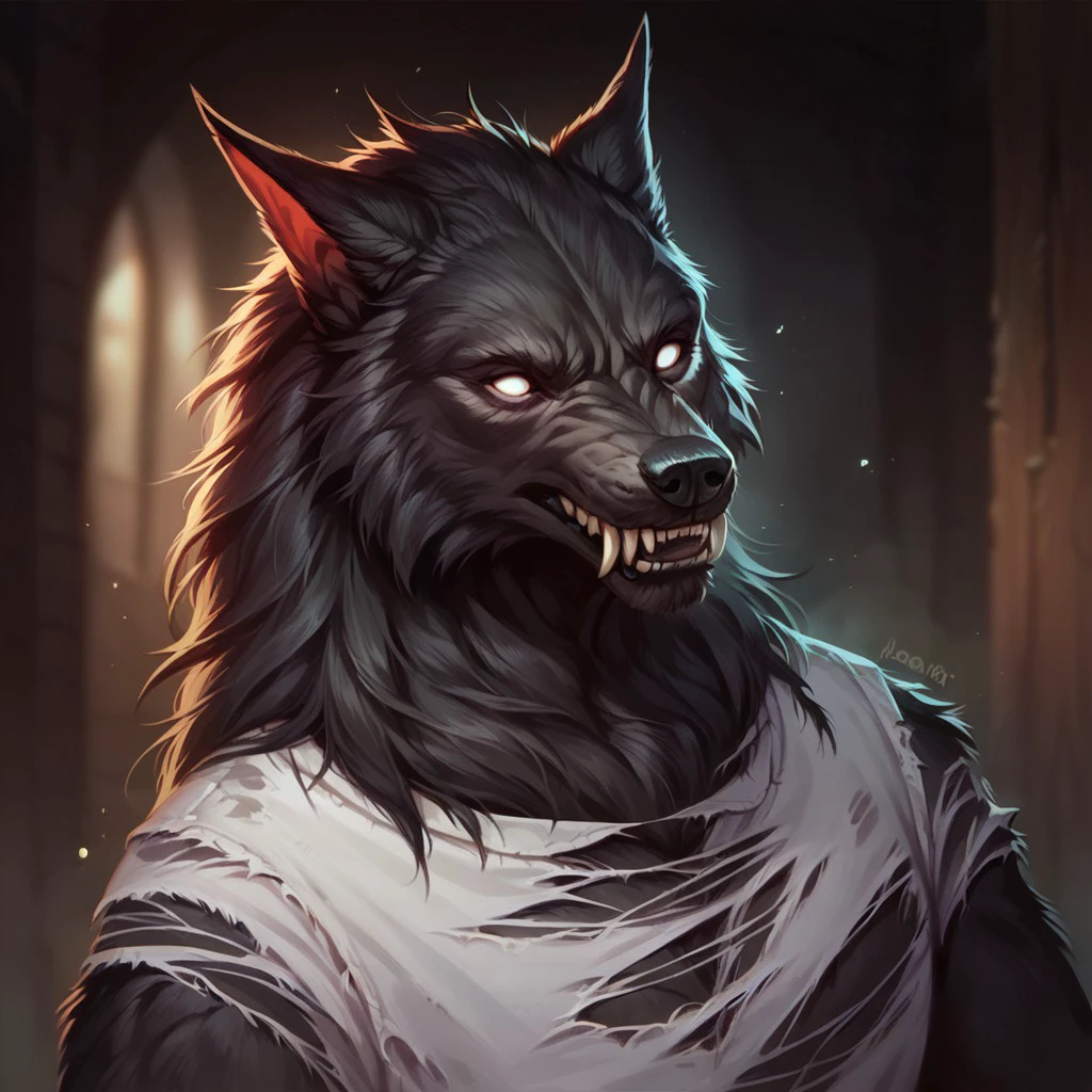 (((detailed, beautiful, high quality))), score_9, score_8_up, score_7_up, upper body, 
werewolf, furry wolf, fangs, tail,
1 male, black fur, white eyes, torn white shirt, torn clothes,
blurred background, fantasy background, rustic background, dark background,