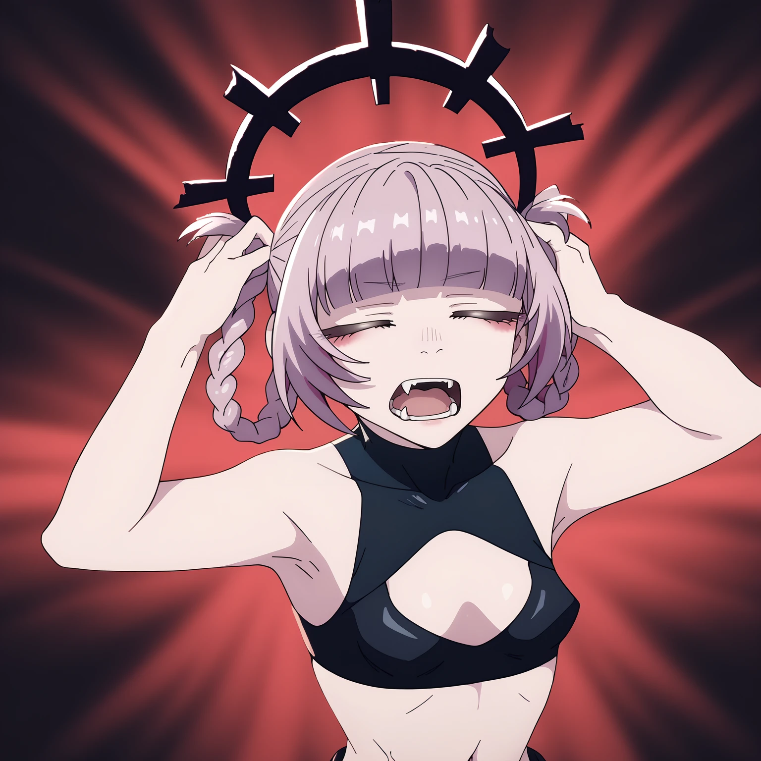 score_9, score_8_up, score_7_up, BREAK
affliction, black halo, hands on own head, closed eyes, pain,  open mouth, cry, fangs,
1girl, nazuna, pink hair, short hair, blunt bangs, braid, hair rings,
crop top, cleavage cutout, sleeveless turtleneck, navel, midriff,
upper body, solo, red background, black background  <lora:AfflictionPDXL_byKonan:1.2>   <lora:NazunaPDXL_byKonan:1>