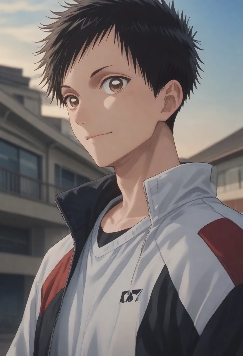 score_9, score_8_up, score_7_up, , rating_safe, , semi-realistic, looking at viewer, , 1boy, solo, male focus, taiki inomata, black hair, brown eyes,short hair,looking at viewer, smile,shirt,closed mouth,jacket, upper body,male focus, outdoors, sky, blurry, from side, white jacket, portrait,background sport club,pov eyes contact