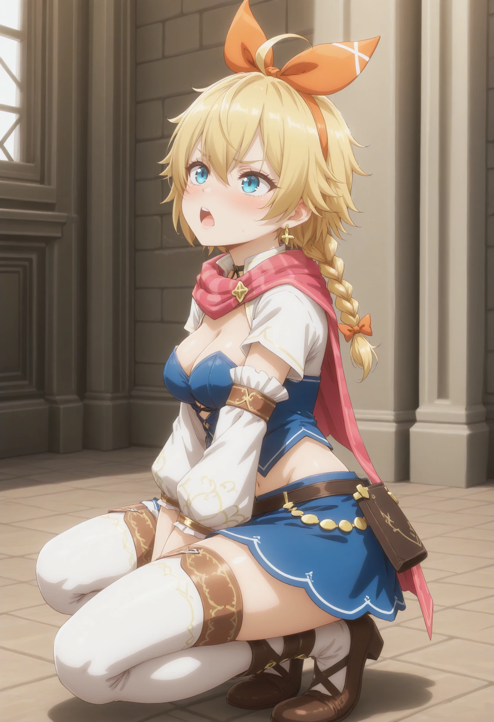 1girl, city thief, romancing saga 2, solo,
masterpiece,best quality,absurdres,detailed skin,anime colored,anime screencap,official art,
blonde hair,hair between eyes,single braid, braided ponytail, bangs, blue eyes, medium breasts, <lora:citythief_XL_v1:0.7>
hairband, hair bow, red bow,earrings, ahoge,
detached sleeves,  crop top, short sleeves, strapless, scarf,
from side, full body, looking up, annoyed, in church dark, open mouth,