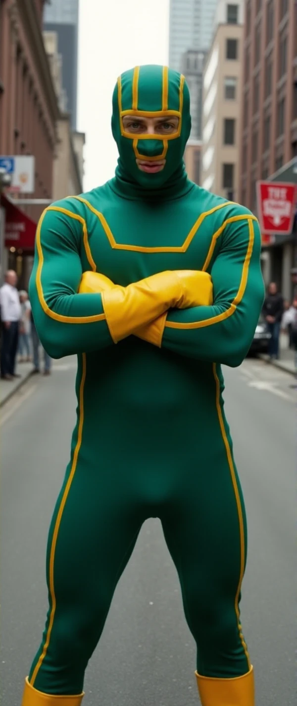 Kickass, a man wearing a green and yellow bodysuit and mask hood and yellow gloves. He is standing in a street arms crossed<lora:Kickass:0.9>