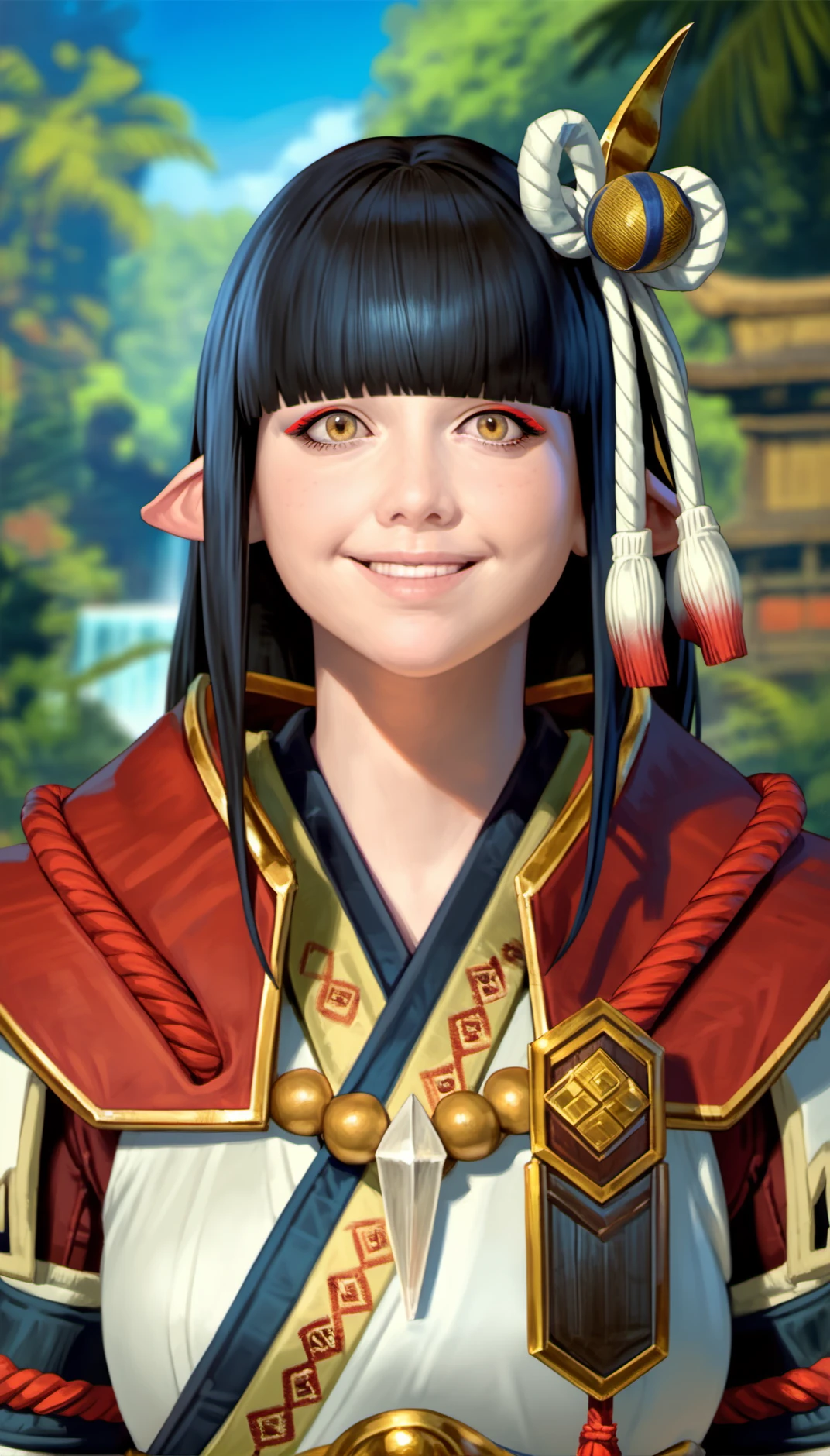 score_9,score_8_up,score_7_up,
<lora:hinoa:0.9>,
mhhinoa,
photorealistic,
1girl,solo,black hair,long hair,blunt bangs,hair ornament,yellow eyes,looking at viewer,smile,pointy ears,red and white short cape,shoulder necklace,white japanese robe top,deep red undershirt,detached sleeves,
portrait,tilt head,
blurry background,outdoors,jungle,blue sky,waterfall in background,