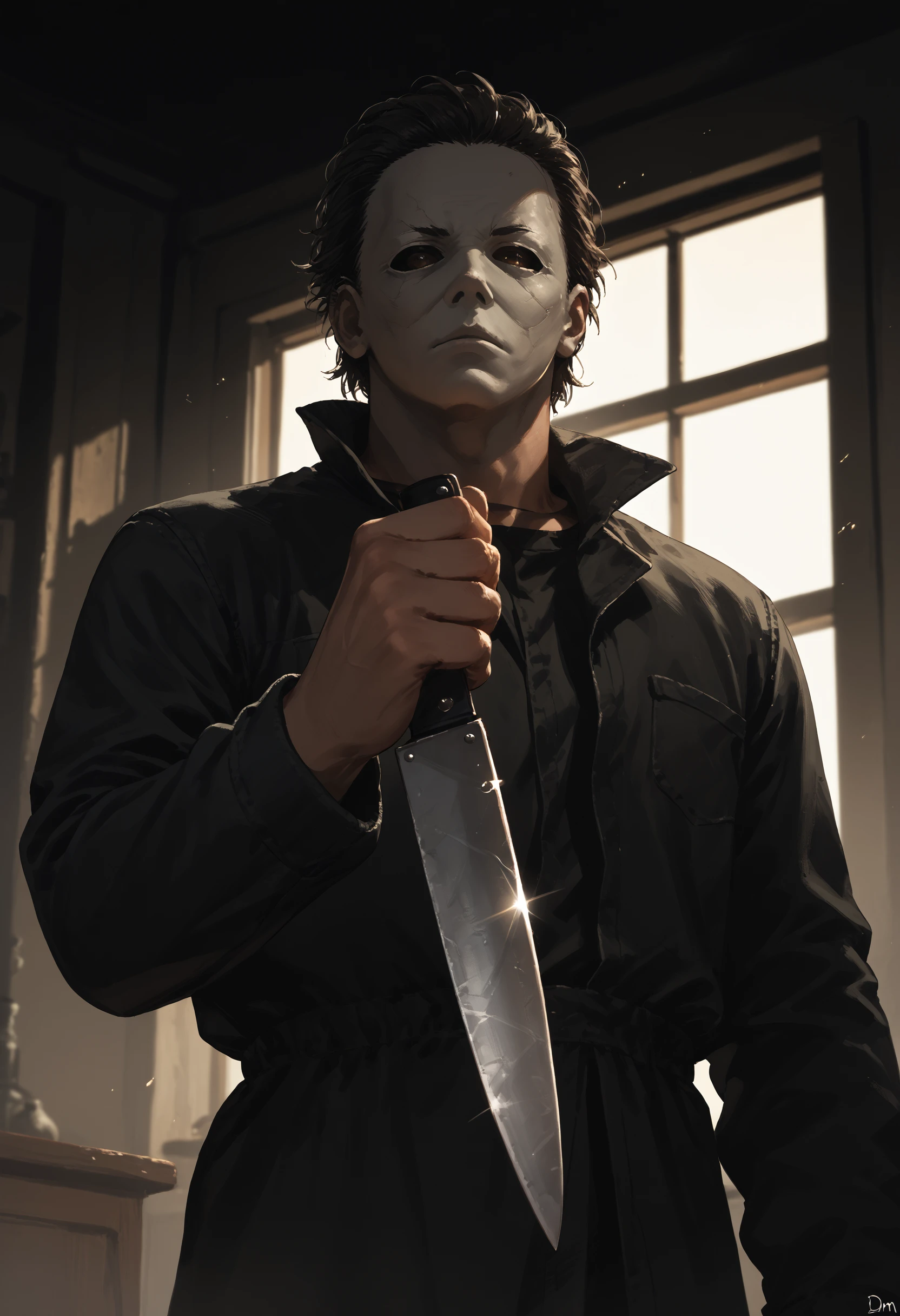 score_9, score_8_up, score_7_up, score_6_up, 1boy, mask, holding knife, hand up, dim lighting, 
<lora:michael_myers_v0.2-pony:1>
<lora:dark_v1.9-pony:0.65>