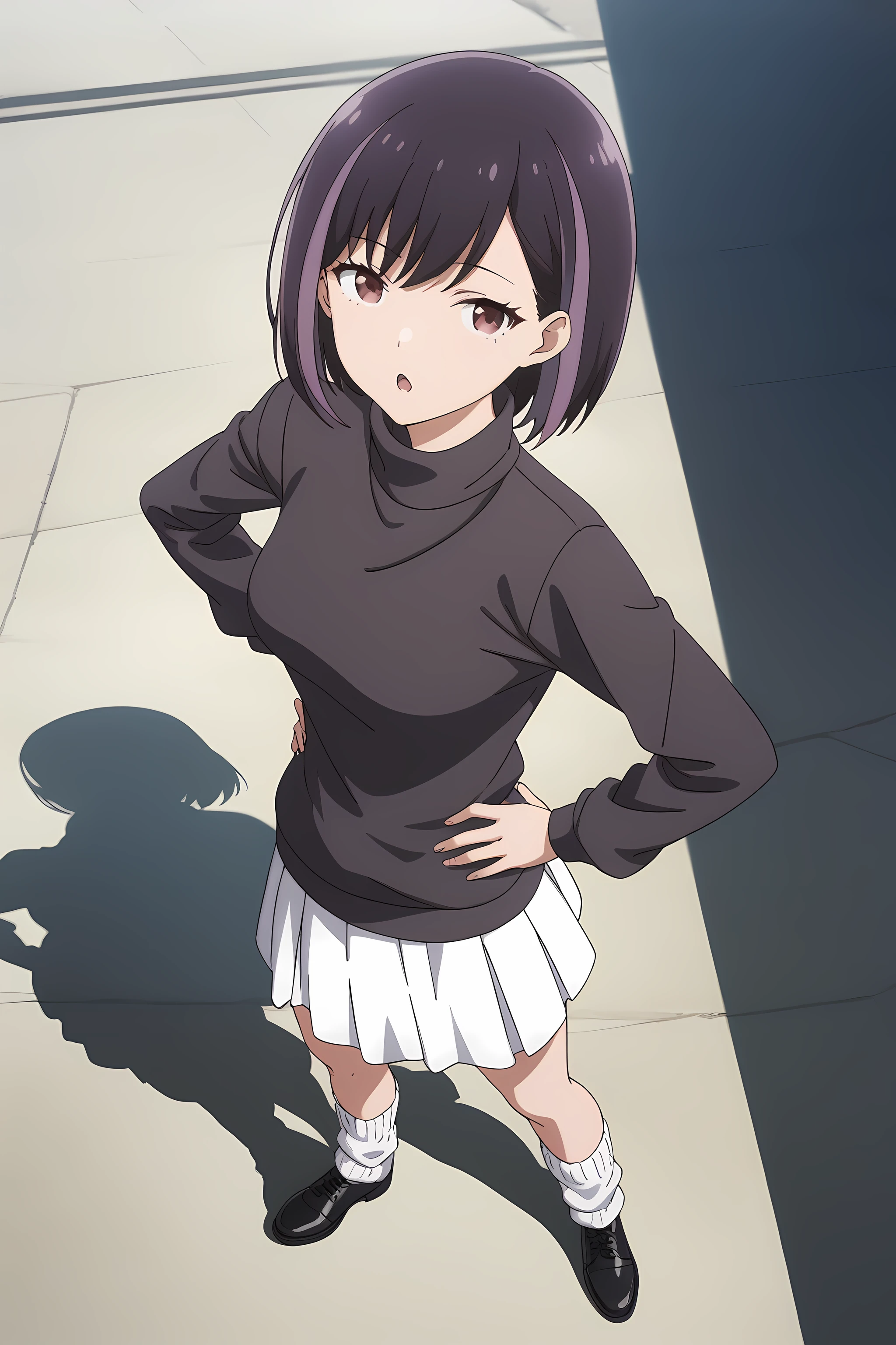 honjouji_rika, black hair, streaked hair, purple hair, brown eyes, short hair, bangs, smugface, open mouth, medium breast, looking at viewer, hand on hip, turtleneck sweater, white skirt, full body, loose socks, black shoes, <lora:XL-HonjoujiRika:1>, (masterpiece),(best quality),(ultra-detailed),(best illustration),(best shadow),(absurdres),(detailed background),(very aesthetic),