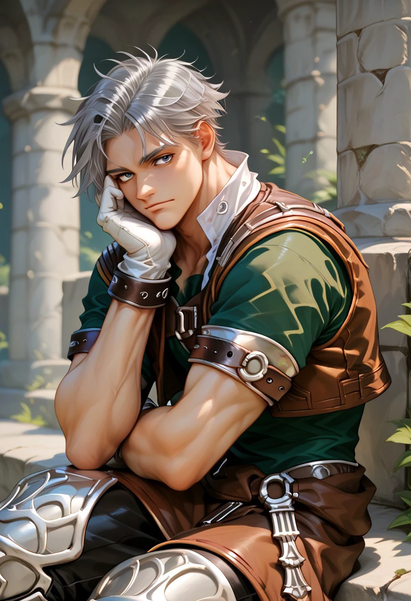 score_9, score_8_up, score_7_up, male focus, toned male, natgra2, gray eyes, short hair, silver hair, steel greaves, plated footwear, brown skirt, black pants, green shirt, brown leather vest, silver belts, white gloves, silver chest plate, sitting, elbow rest, hand on own face,